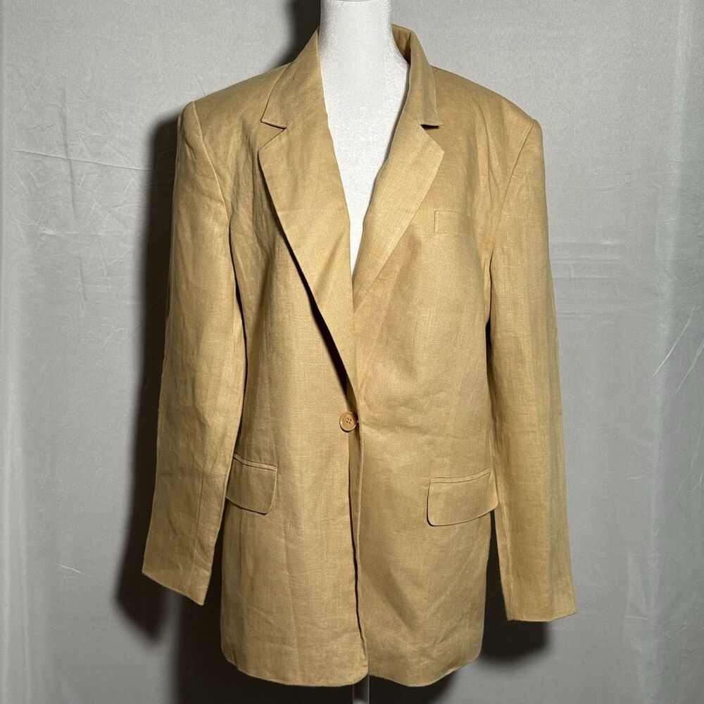Talbots 100% Irish Linen Blazer Jacket Women's 14 Tan One Button Career Lined
